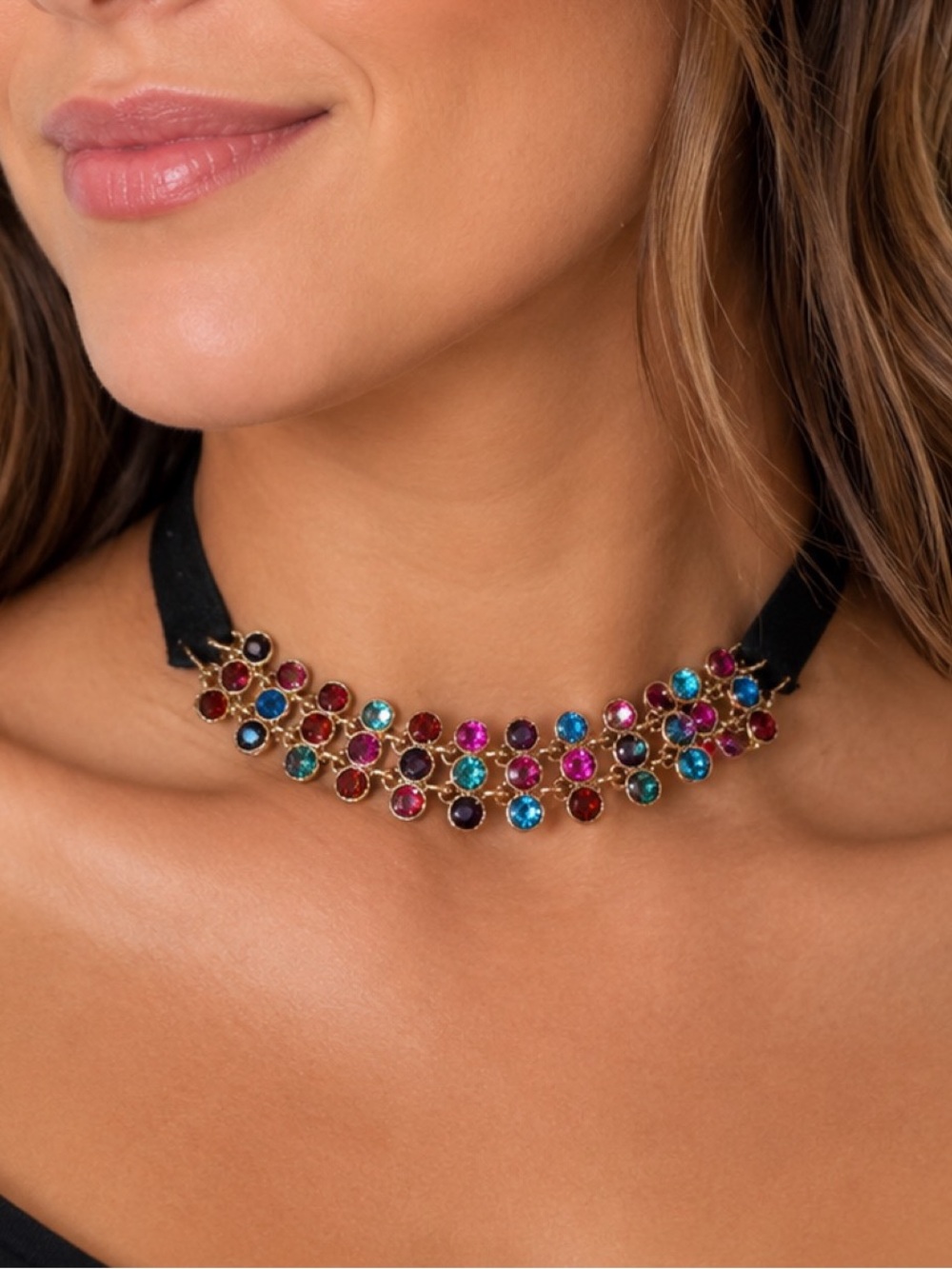 Multi colored rhinestone choker necklace